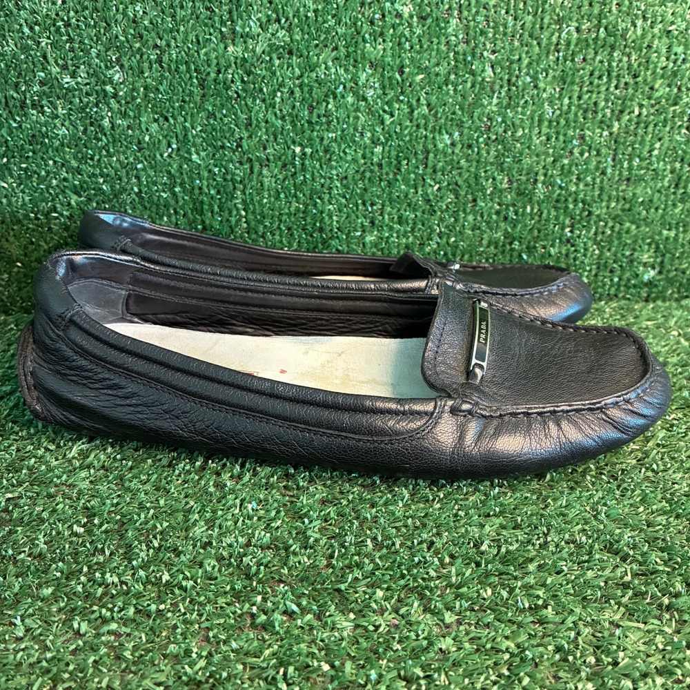 Prada Sport Leather Logo Bar Slip On Driving Loafer Moccasin Black Womens Sz 8.5